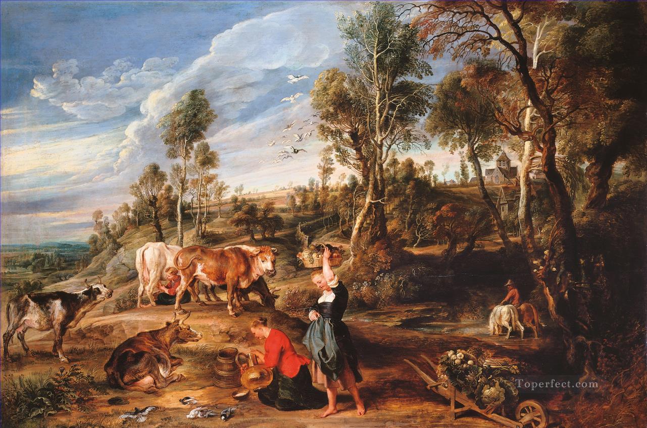 Sir Peter Paul Rubens Milkmaids avec des bovins dans un paysage La ferme de Laeken Peintures à l'huile